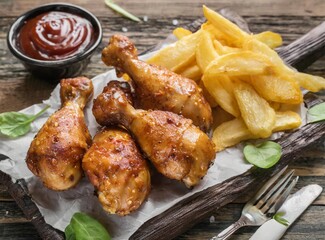 Barbecue chicken drumsticks with chips on wooden table