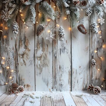 A wooden background with pine cones and snowflakes hanging from the ceiling