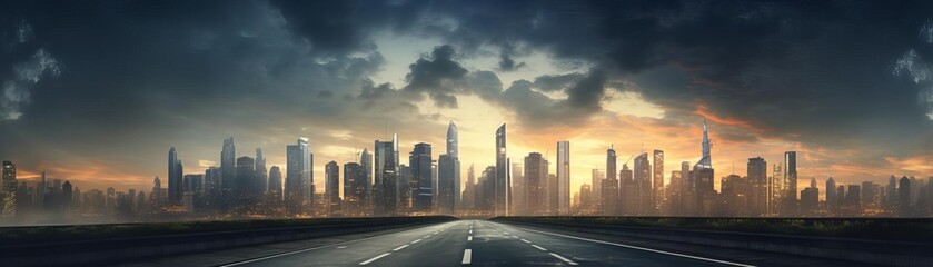 Obraz premium Urban black asphalt road with highrise buildings in the background close up, cityscape, vibrant, overlay, downtown backdrop
