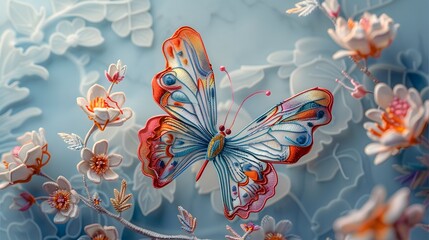 A detailed artwork of a colorful butterfly with intricate patterns on its wings, surrounded by delicate flowers on a soft blue background.