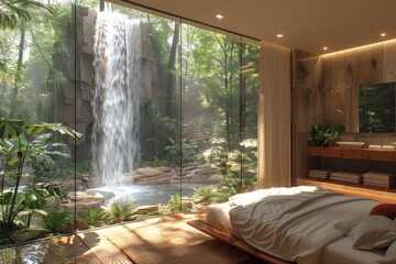 Serene bedroom with a large window overlooking a waterfall, creating a tranquil and natural retreat