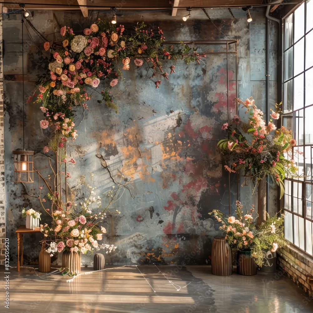 Aufkleber a large archway of flowers is set up in front of a wall with a blue