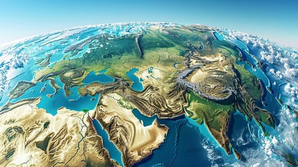 realistic 3d physical map of eurasia europe and asia flattened satellite view of earth