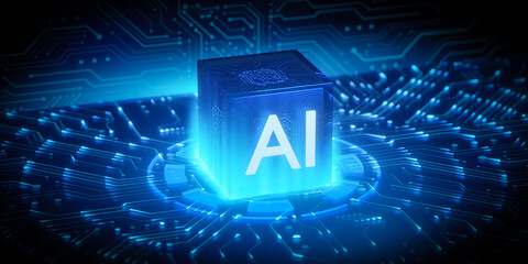 Obraz premium Glowing AI Cube on Digital Circuit Board