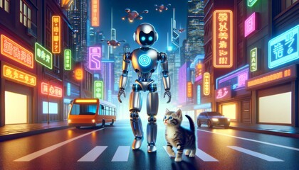 Futuristic City Adventure: Kitten and AI Robot