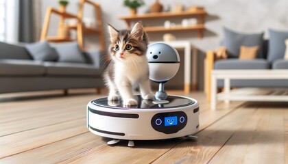 Kitten Befriends House-Cleaning AI Robot