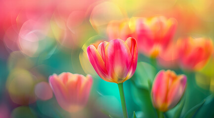 Vibrant Tulip Bloom with Colorful Bokeh Background in Spring Garden