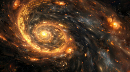 Obraz premium A cosmic landscape where spinning galaxies create a mesmerizing image. Colorful clouds of space dust and stars create swirling patterns