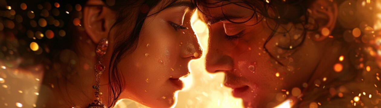 a poster for an Indian TV show, a love story of a beautiful film actress  a rowdy desi boy, background should show film industry meet small town, cinematic lighting,