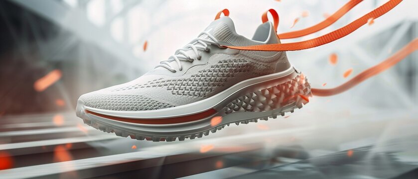 A white running shoe is suspended in the air, with several orange straps extending from the right to the left of the screen, with a gray gradient background 