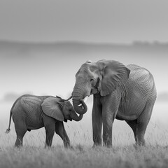 Fototapeta premium black and white photograph 2 full body African elephants Interacting, a mother with baby elephant,side view, African landscape,Nikon D850, 300mm f28 lens, ISO 800,