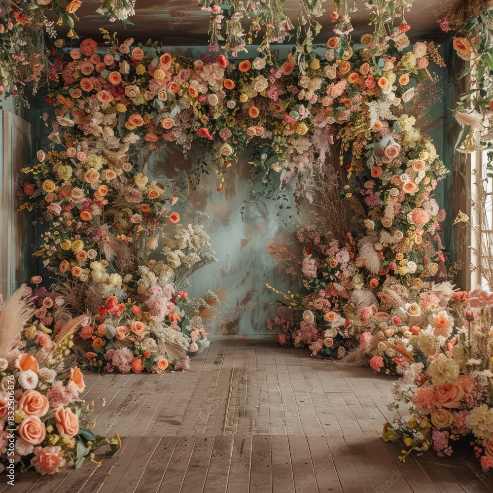 Poster a large archway of flowers is the focal point of the image