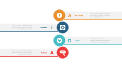 AIDA marketing funnel infographics template diagram with circle badge and rectangle box with 4 point step design for slide presentation