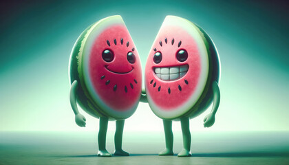 Two cute, smiling watermelon characters with arms and legs stand side by side, one grinning widely, on a soft blue-green background, exuding happiness and friendship.