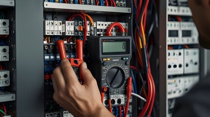 Detail close up of Electrician installing electric cable wires and fuse switch box with multimeter in hand.generative.ai
