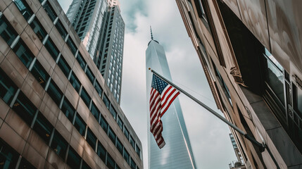 In the city center, against the background of impressive glass skyscrapers, there is a huge American flag raised on a flagpole to celebrate Flag Day.