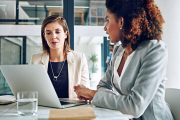 Laptop, discussion and woman in office with financial advisor for research, teamwork and...