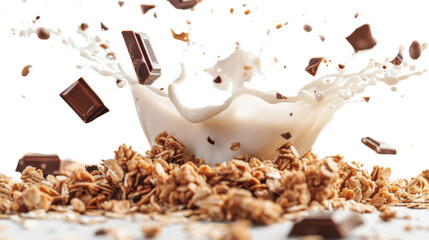 Falling oat granola with milk splash and chocolate