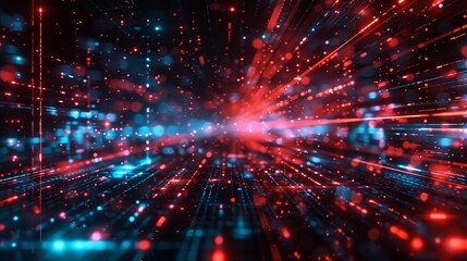 Fototapeta premium Slick, glossy black surfaces intersected by glowing red and blue neon lines, conveying a highspeed data network in motion