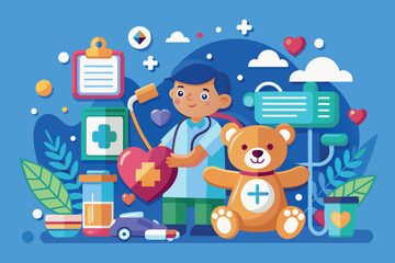 Fototapeta premium The bear cub is dressed in a doctor's coat. He is holding a stethoscope and has a heart on his pocket, which symbolizes care and treatment. Around the bear cub are various medical objects and symbols
