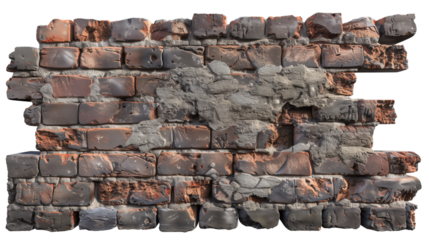 Weathered Brick Wall with Crumbling Sections, Isolated on Transparent Background, PNG.