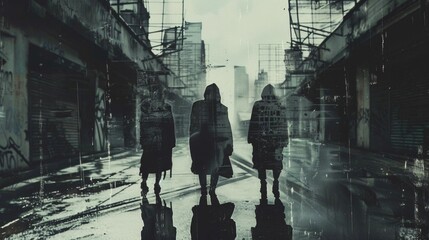 Fototapeta premium Capture a long shot of Dystopian Fashion Trends via an impressionistic style, focusing on industrial decay with dark, moody tones