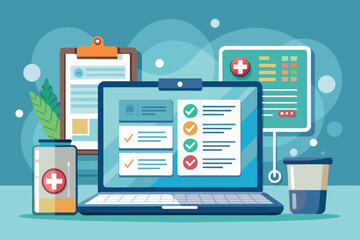 concepts of an online medical or health care service. In the center is a laptop with an open web page displaying a user profile with a check mark indicating an approved or completed medical profile.