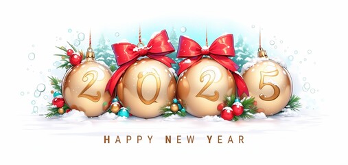 Obraz premium Happy New Year 2025 festive greeting card with golden ornaments and red bows on snow, winter holiday celebration background with Christmas balls and evergreen branches.