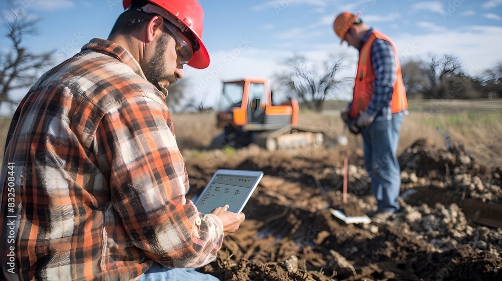 Poster technicians analyzing soil composition using advanced digital equipment in rural landscape
