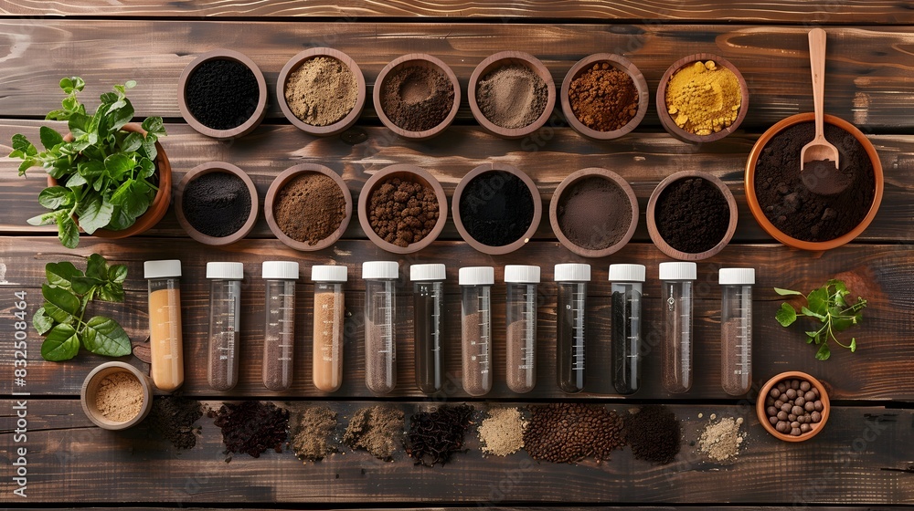 Poster soil testing kit and samples on rustic wooden table