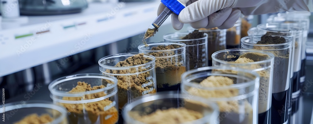 Poster soil samples prepared for nutrient analysis in pristine laboratory setting