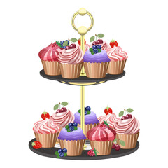 Appetizing berry cakes on a decorative stand for desserts on a white background. Vector composition of desserts for bakeries, restaurants, menus, holiday designs.