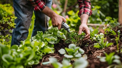 Fototapeta premium Gardener Examining Soil With Handheld Testing Device in Vibrant Vegetable Garden