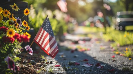 American flag on a grave in a cemetery with symbols of patriotism, love for the nation, and freedom under a blue sky - Powered by Adobe