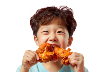 Happy Child Enjoying Crispy Fried Chicken, Isolated on Transparent Background, PNG