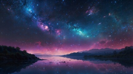 Fototapeta premium A mesmerizing digital anime depicts a shimmering starry skiff gliding through the cosmos, its sleek silhouette outlined against a backdrop of twinkling galaxies.