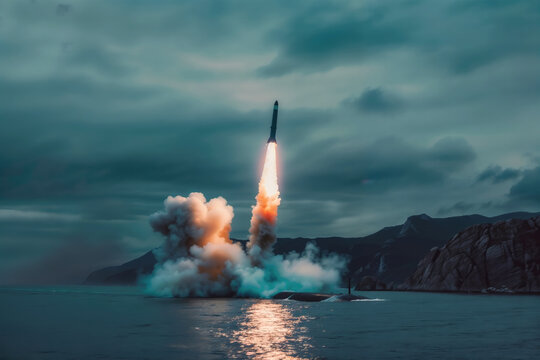 Majestic balistic rocket launch from submarine at dusk