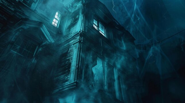 Capture a tilted angle view of a haunted house at midnight, featuring a sinister shadow creeping up the wall, with eerie mist swirling around