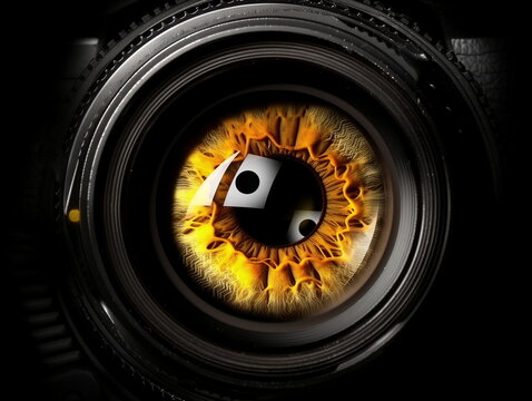 An eye pupil inside camera lens. Surrealistic. Technical vision Or peeping concept