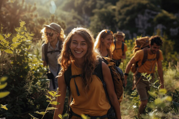 Fototapeta premium Happy hiking group on nature trail at sunset