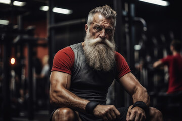 Obraz premium Mature bearded man with a muscular build resting at a gym, exuding confidence and determination
