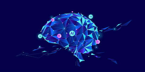 Illustration of Ai brain and face with dot and line. Big data, technology, data transfer, large language model, LLM, NLP, natural language model  chat bot,  generative ai concept