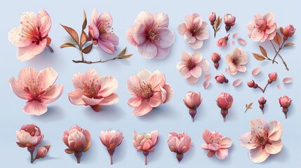 Composition of pink cherry blossoms isolated on a light blue background, including blossoms, petals and buds on a white background.