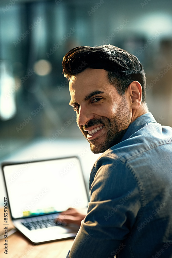 Poster portrait, web design and business man on laptop for internet, research and review in office. consult