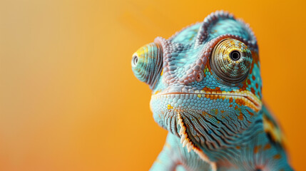 Fototapeta premium Close-up of chameleon's vibrant face against a solid background