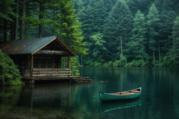 Obraz premium Tranquil scene with a wooden cabin by a misty forest lake and a canoe on calm waters