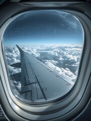 Fototapeta premium Point of View window plane inside of commercial plane and we can see wing of plane