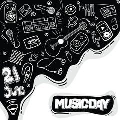 World music day design template background with doodle art music icons going into black smoke