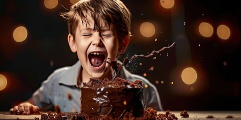 a image of a young boy is eating a chocolate cake
