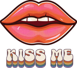 Fashion t shirt print with groovy lips with red lipstick and quote, slogan KISS ME. Kiss woman lips. Trendy typography slogan design Shut up and Kiss me sticker. Vector illustration on white